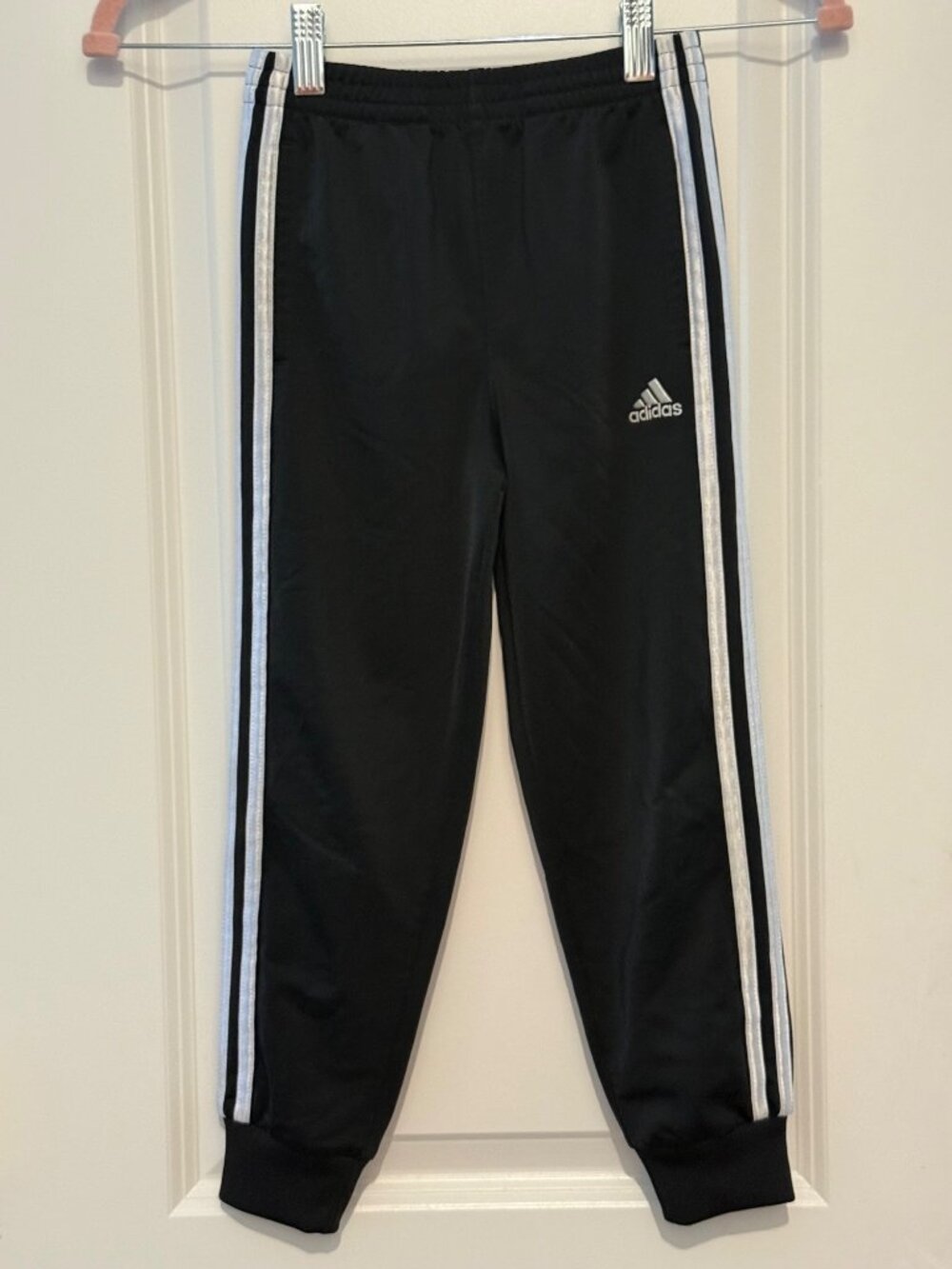Adidas Youth Black Track Pants With White Stripes Size 6 Polyester Elastic Waist